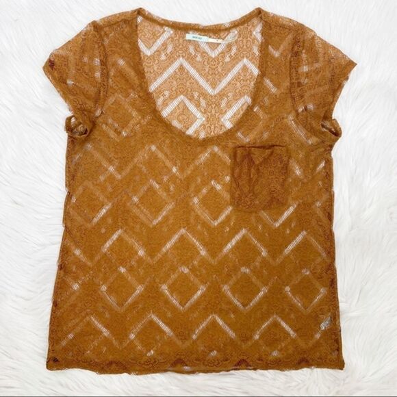 UO Kimchi Blue Lace Semi Sheer Tee Rust Orange Size M - Picture 6 of 7